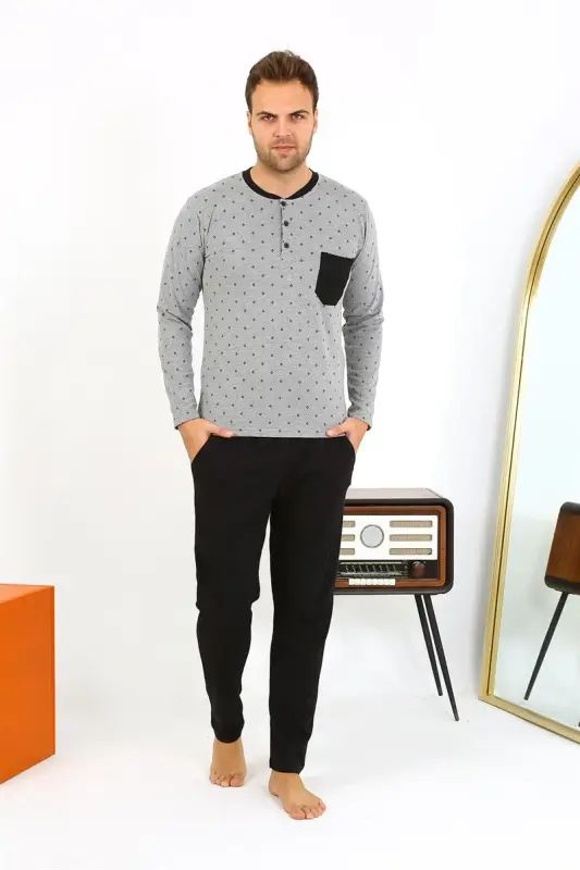 Akbeniz Men's Long Sleeve Knitted Smoked Grey Pajama Set 6861 - 4