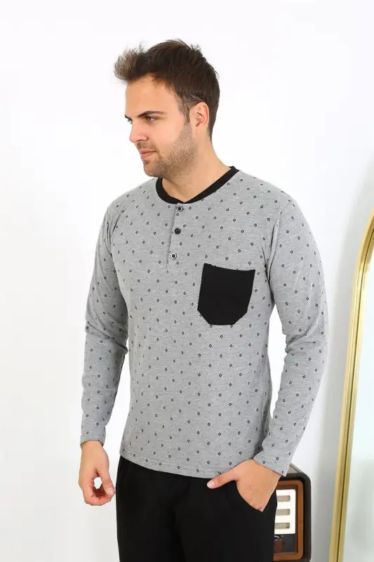 Akbeniz Men's Long Sleeve Knitted Smoked Grey Pajama Set 6861 - 5