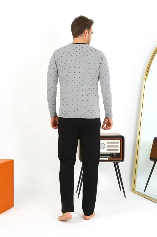 Akbeniz Men's Long Sleeve Knitted Smoked Grey Pajama Set 6861 - 6
