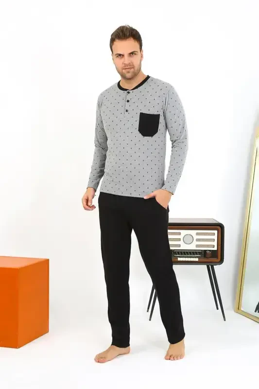 Akbeniz Men's Long Sleeve Knitted Smoked Grey Pajama Set 6861 - 2