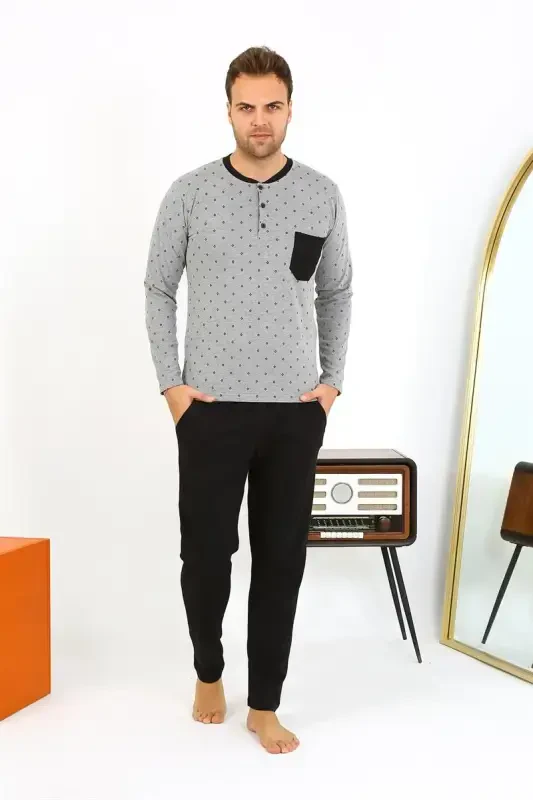 Akbeniz Men's Long Sleeve Knitted Smoked Grey Pajama Set 6861 - 4