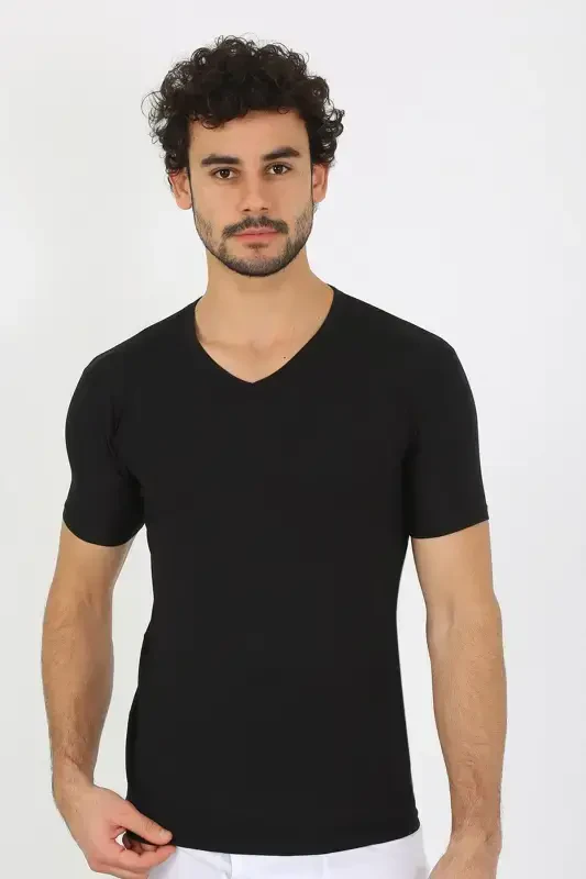 Akbeniz Men's Lycra V-Neck Black T-Shirt 65700 - 2