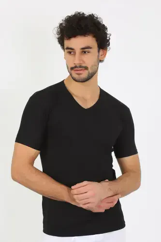Akbeniz Men's Lycra V-Neck Black T-Shirt 65700 - 3
