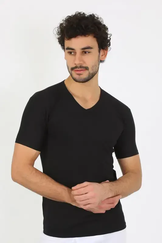 Akbeniz Men's Lycra V-Neck Black T-Shirt 65700 - 3