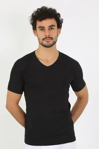 Akbeniz Men's Lycra V-Neck Black T-Shirt 65700 - 4