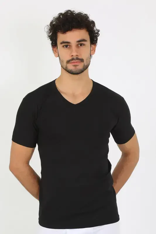 Akbeniz Men's Lycra V-Neck Black T-Shirt 65700 - 4