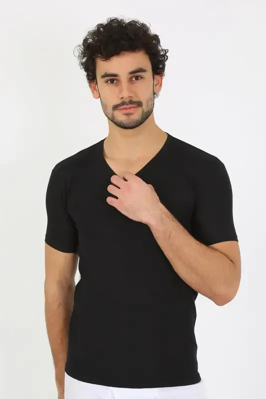 Akbeniz Men's Lycra V-Neck Black T-Shirt 65700 - 6