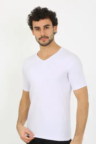Akbeniz Men's Lycra V-Neck White T-Shirt 65700 - 3