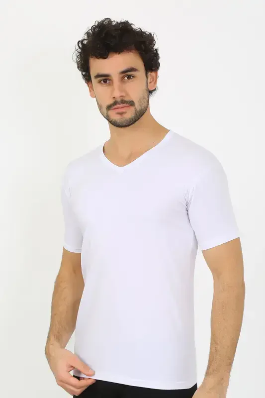 Akbeniz Men's Lycra V-Neck White T-Shirt 65700 - 3