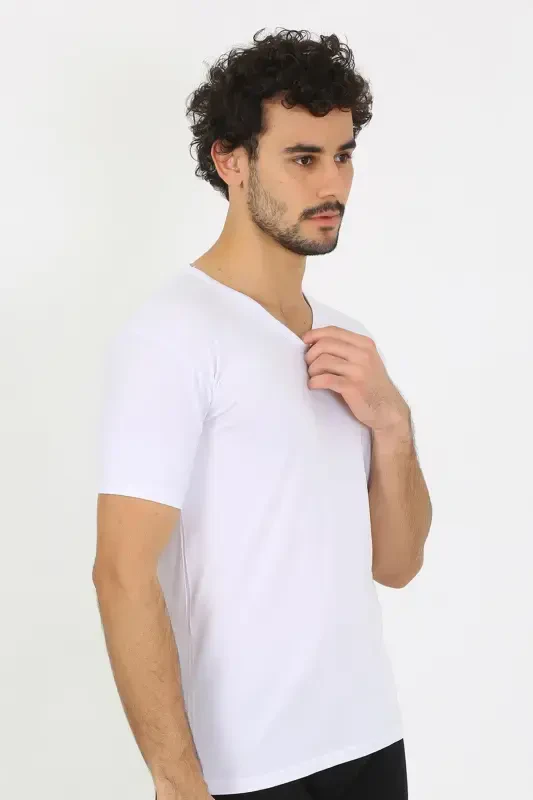 Akbeniz Men's Lycra V-Neck White T-Shirt 65700 - 6