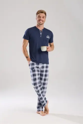 Akbeniz Men's Navy Blue Buttoned Collar Short Sleeve Pajama Set - 2