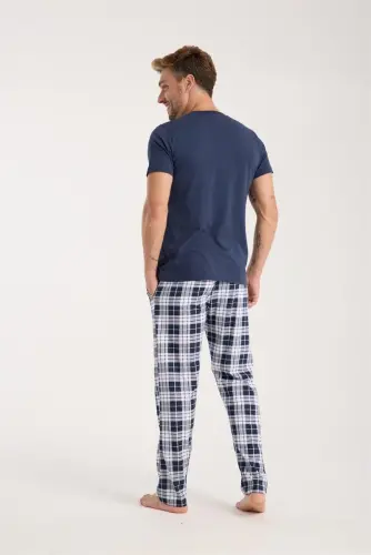 Akbeniz Men's Navy Blue Buttoned Collar Short Sleeve Pajama Set - 3