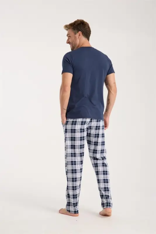 Akbeniz Men's Navy Blue Buttoned Collar Short Sleeve Pajama Set - 3