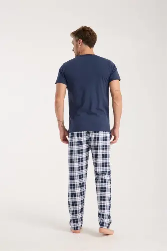 Akbeniz Men's Navy Blue Buttoned Collar Short Sleeve Pajama Set - 4