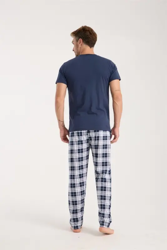 Akbeniz Men's Navy Blue Buttoned Collar Short Sleeve Pajama Set - 4