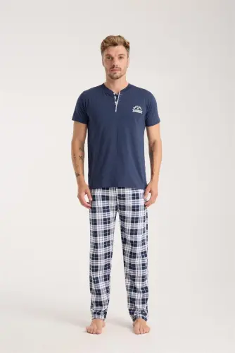 Akbeniz Men's Navy Blue Buttoned Collar Short Sleeve Pajama Set - 5