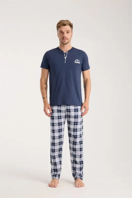 Akbeniz Men's Navy Blue Buttoned Collar Short Sleeve Pajama Set - 5