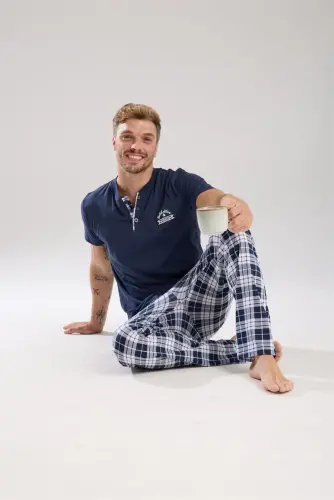 Akbeniz Men's Navy Blue Buttoned Collar Short Sleeve Pajama Set - 6