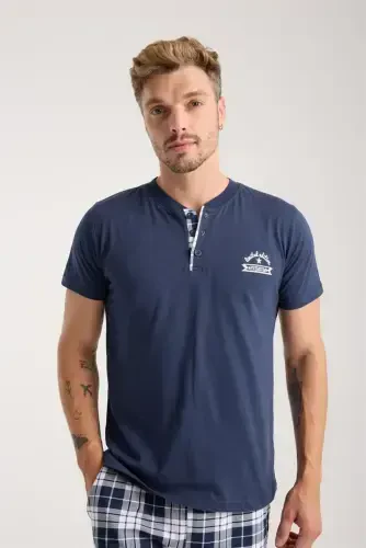 Akbeniz Men's Navy Blue Buttoned Collar Short Sleeve Pajama Set - 7