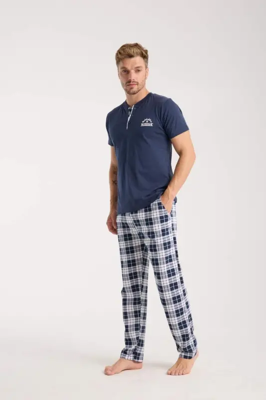 Akbeniz Men's Navy Blue Buttoned Collar Short Sleeve Pajama Set - BÜYÜKBEDENIZ