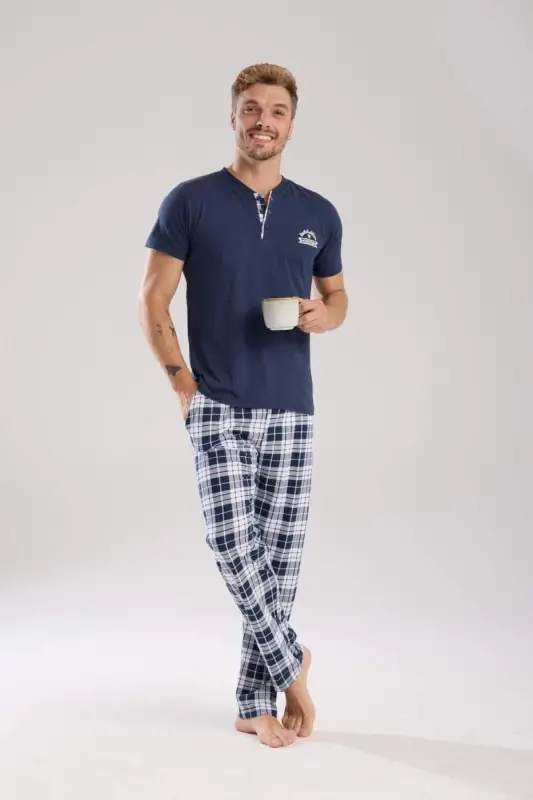 Akbeniz Men's Navy Blue Buttoned Collar Short Sleeve Pajama Set - 2