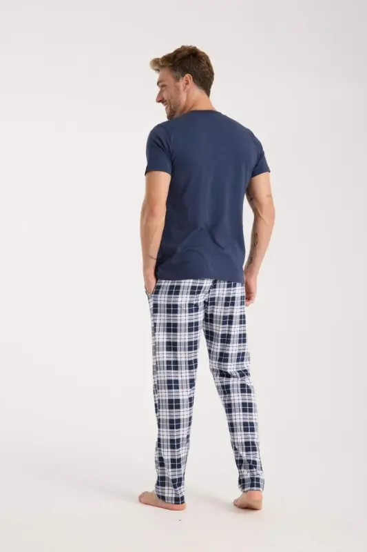 Akbeniz Men's Navy Blue Buttoned Collar Short Sleeve Pajama Set - 3