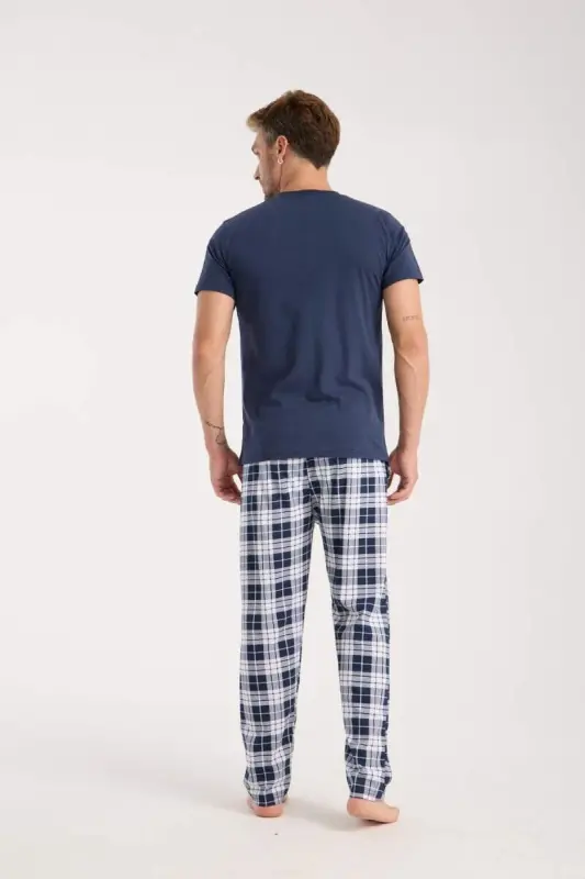 Akbeniz Men's Navy Blue Buttoned Collar Short Sleeve Pajama Set - 4