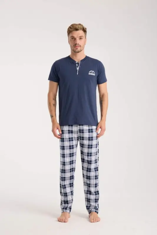 Akbeniz Men's Navy Blue Buttoned Collar Short Sleeve Pajama Set - 5