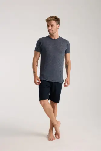 Akbeniz Men's Navy Blue Crew Neck Short Sleeve Shorts Pajama Set - 5