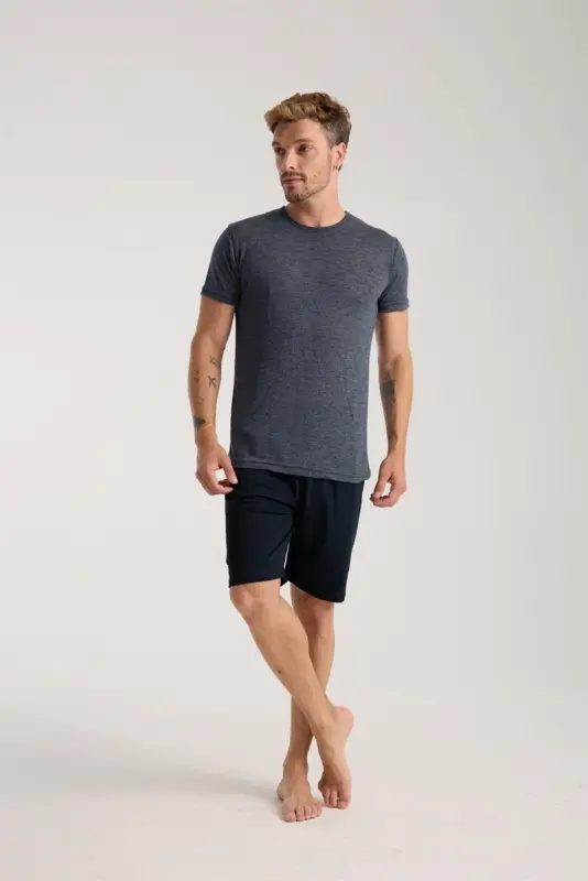 Akbeniz Men's Navy Blue Crew Neck Short Sleeve Shorts Pajama Set - 5