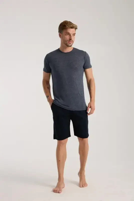 Akbeniz Men's Navy Blue Crew Neck Short Sleeve Shorts Pajama Set - 1
