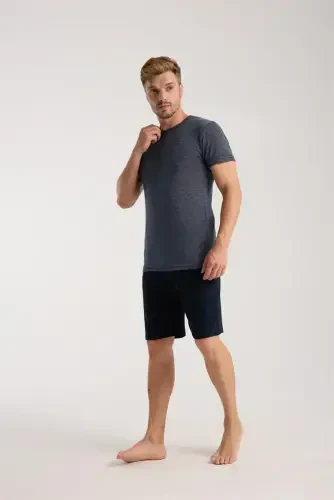 Akbeniz Men's Navy Blue Crew Neck Short Sleeve Shorts Pajama Set - 4