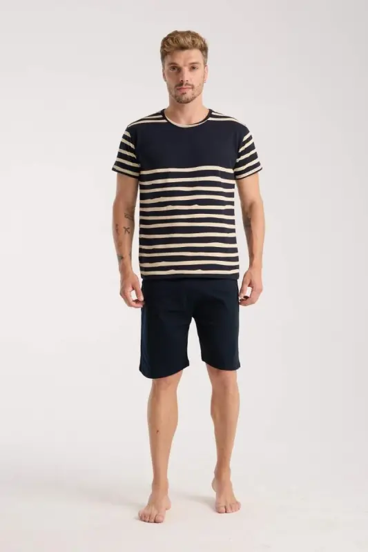 Akbeniz Men's Navy Blue Crew Neck Short Sleeve Shorts Pajama Set - 2