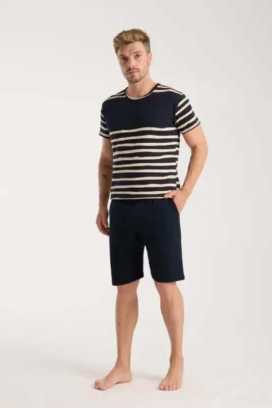 Akbeniz Men's Navy Blue Crew Neck Short Sleeve Shorts Pajama Set - BÜYÜKBEDENIZ