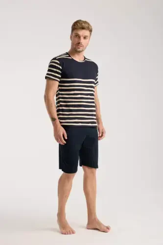 Akbeniz Men's Navy Blue Crew Neck Short Sleeve Shorts Pajama Set - 3