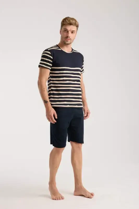 Akbeniz Men's Navy Blue Crew Neck Short Sleeve Shorts Pajama Set - 3