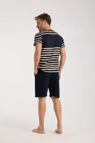 Akbeniz Men's Navy Blue Crew Neck Short Sleeve Shorts Pajama Set - 4