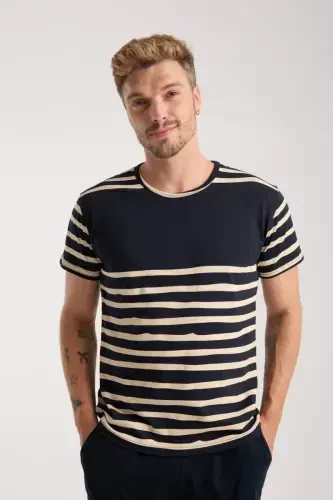 Akbeniz Men's Navy Blue Crew Neck Short Sleeve Shorts Pajama Set - 5