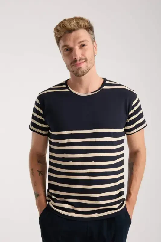 Akbeniz Men's Navy Blue Crew Neck Short Sleeve Shorts Pajama Set - 5