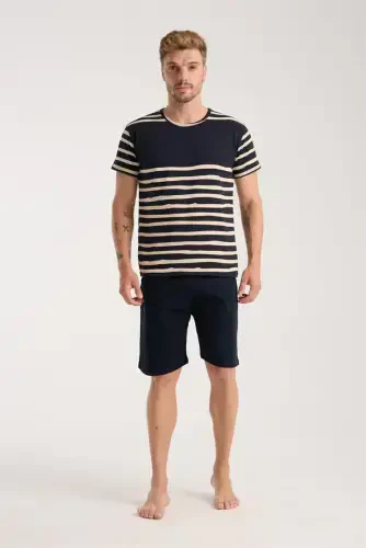 Akbeniz Men's Navy Blue Crew Neck Short Sleeve Shorts Pajamas Set - AKBENIZ (1)