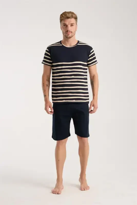 Akbeniz Men's Navy Blue Crew Neck Short Sleeve Shorts Pajamas Set - 2