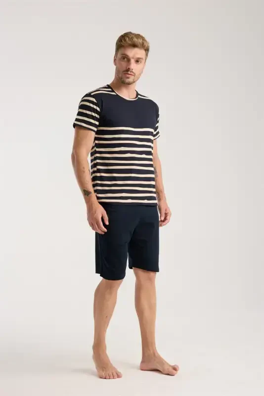 Akbeniz Men's Navy Blue Crew Neck Short Sleeve Shorts Pajamas Set - 3