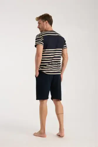 Akbeniz Men's Navy Blue Crew Neck Short Sleeve Shorts Pajamas Set - 4