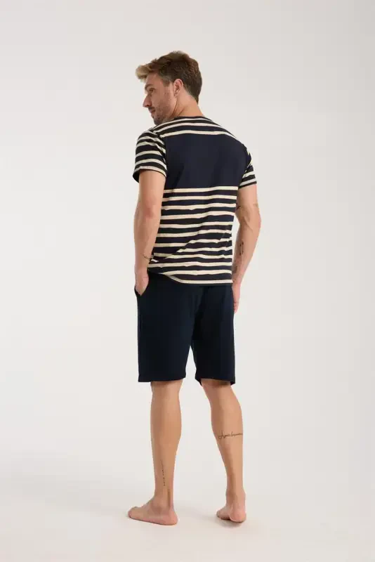 Akbeniz Men's Navy Blue Crew Neck Short Sleeve Shorts Pajamas Set - 4