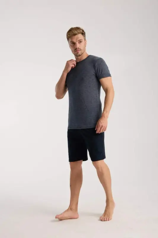 Akbeniz Men's Navy Blue Crew Neck Short Sleeve Shorts Pajamas Set - 4