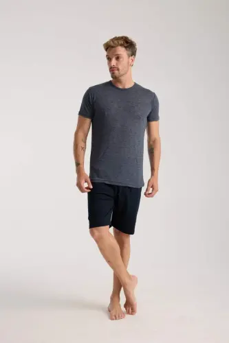 Akbeniz Men's Navy Blue Crew Neck Short Sleeve Shorts Pajamas Set - 5