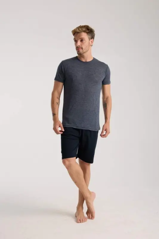 Akbeniz Men's Navy Blue Crew Neck Short Sleeve Shorts Pajamas Set - 5