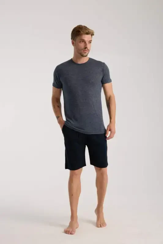 Akbeniz Men's Navy Blue Crew Neck Short Sleeve Shorts Pajamas Set - BÜYÜKBEDENIZ