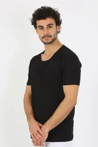 Akbeniz Men's Open Collar Black Knitted Undershirt 6565 - 5