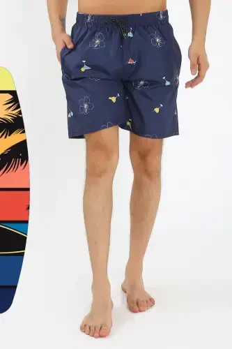 Akbeniz Men's Patterned Zipper Pocket Swim Shorts Navy Blue 27526 - 3